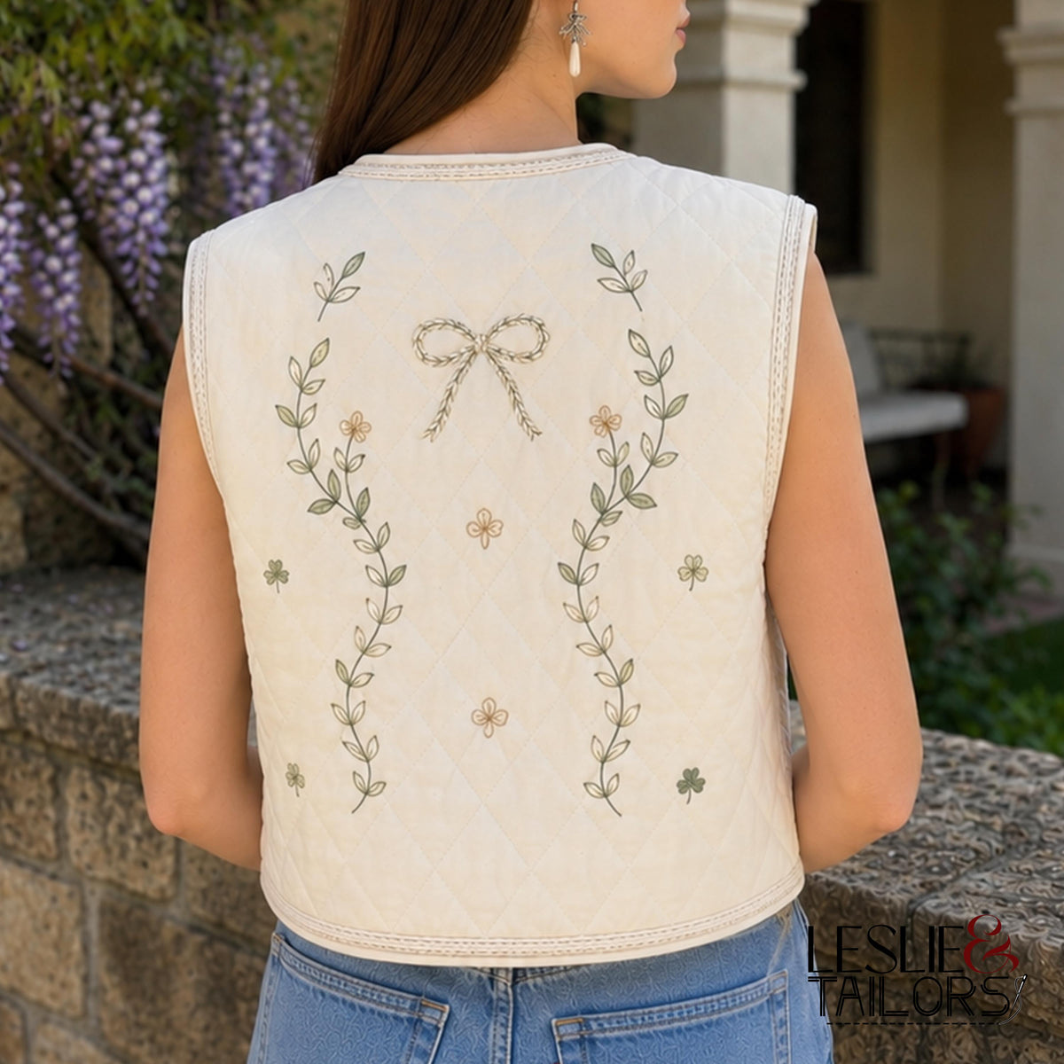 Sage Green Floral Embroidered Quilted Vest for Women | Women's Folk Floral Waistcoat