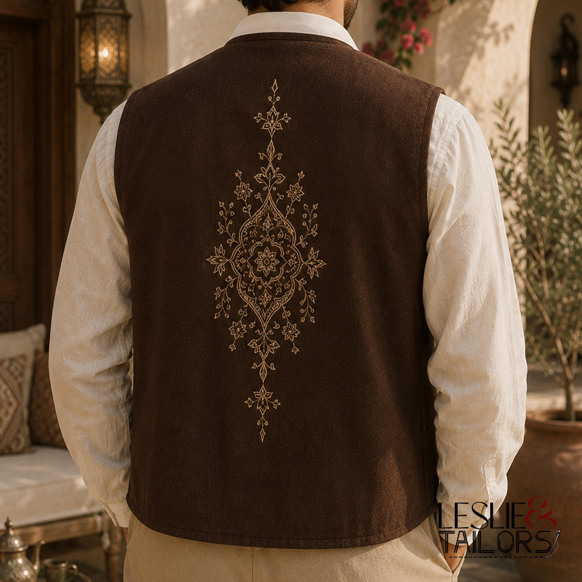 Brown Embroidered Vest for Men | Geometric Waistcoat | Traditional Ethnic Formal Wear | Vintage Inspired Layering Vest