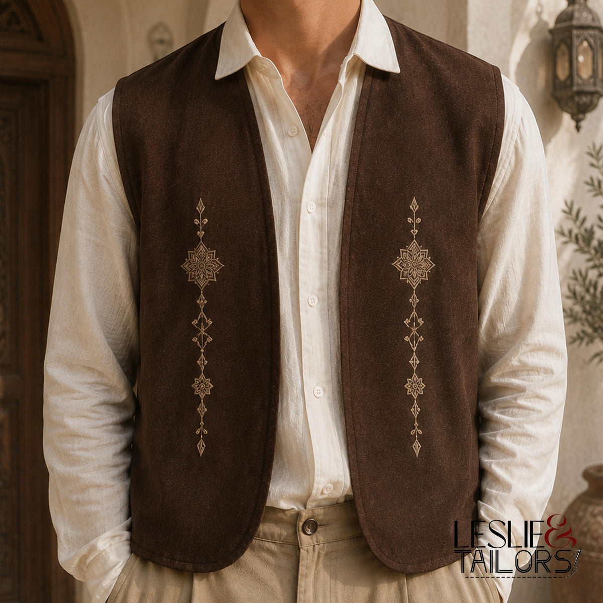 Brown Embroidered Vest for Men | Geometric Waistcoat | Traditional Ethnic Formal Wear | Vintage Inspired Layering Vest