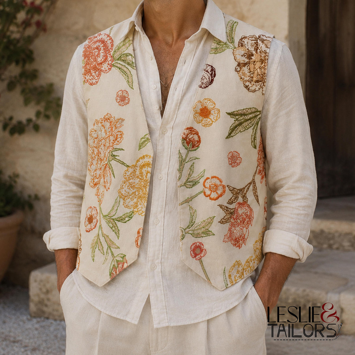 Linen Embroidered Western Vest for Men | Folk Floral Waistcoat | Custom Embroidered Folk Waistcoat by Leslie & Tailors