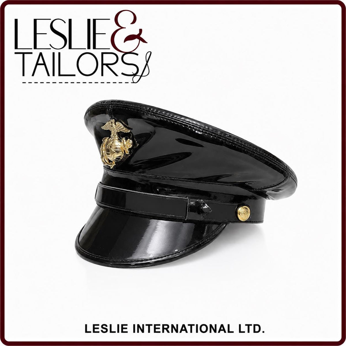 Handmade USMC Marine Corps Vinyl Service Black Visor Cap Hat - All Sizes Available | Handmade by Leslie & Tailors
