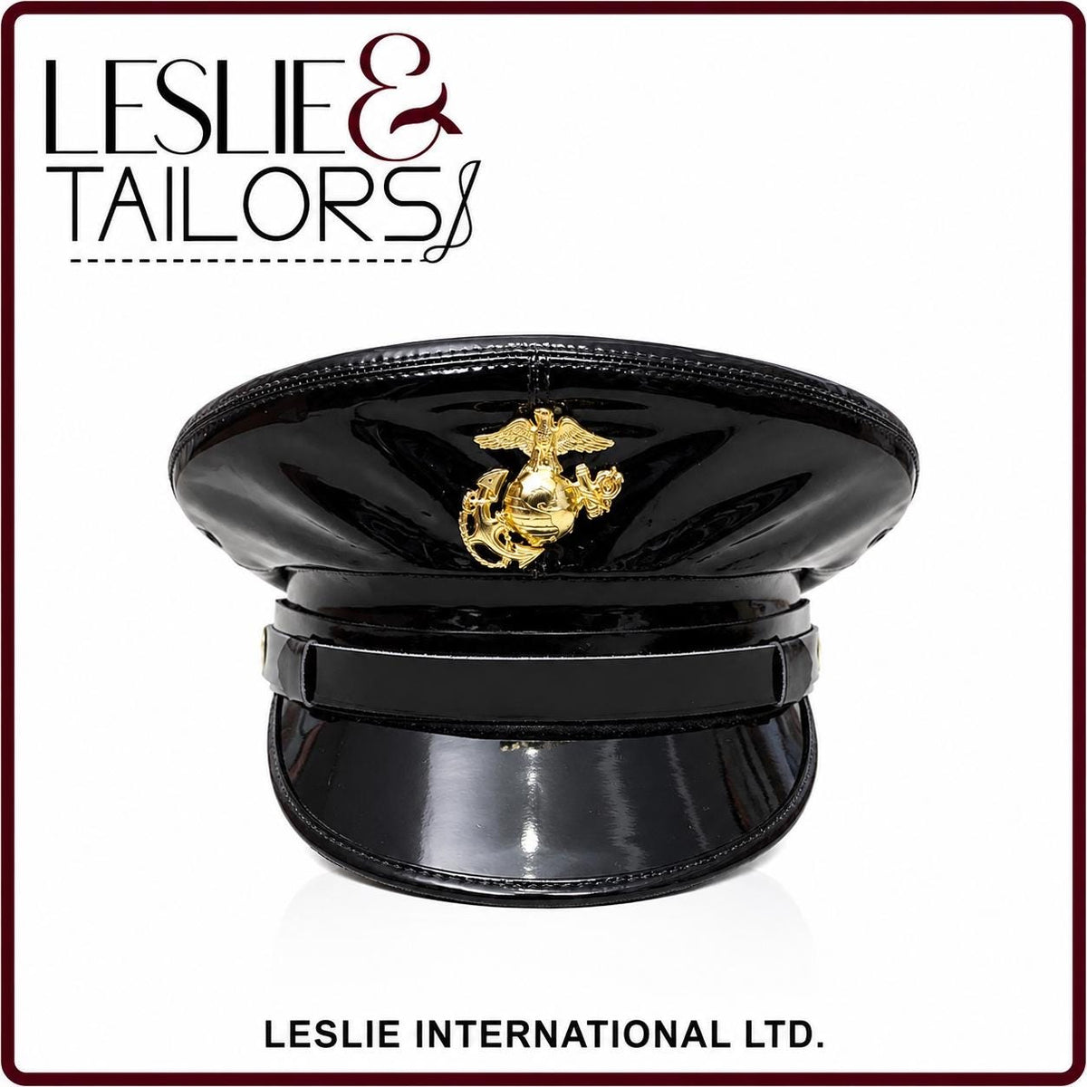 Handmade USMC Marine Corps Vinyl Service Black Visor Cap Hat - All Sizes Available | Handmade by Leslie & Tailors