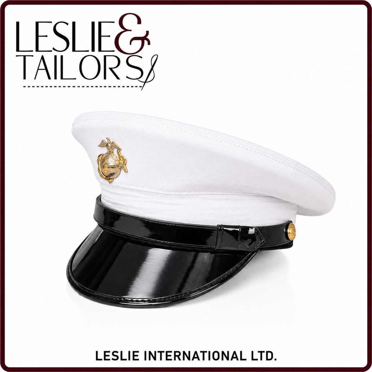 Handmade USMC Marine Corps Service White Visor Cap Hat - All Sizes Available | Handmade by Leslie & Tailors