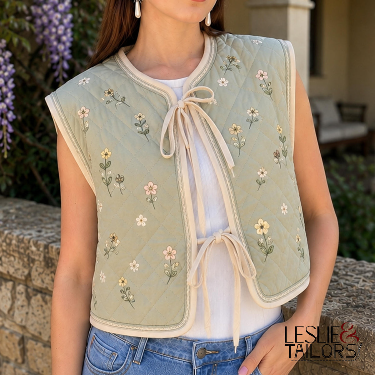 Sage Green Floral Embroidered Quilted Vest for Women | Women's Folk Floral Waistcoat