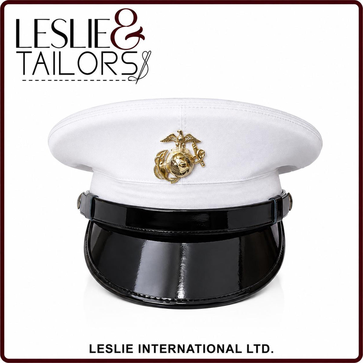 Handmade USMC Marine Corps Service White Visor Cap Hat - All Sizes Available | Handmade by Leslie & Tailors