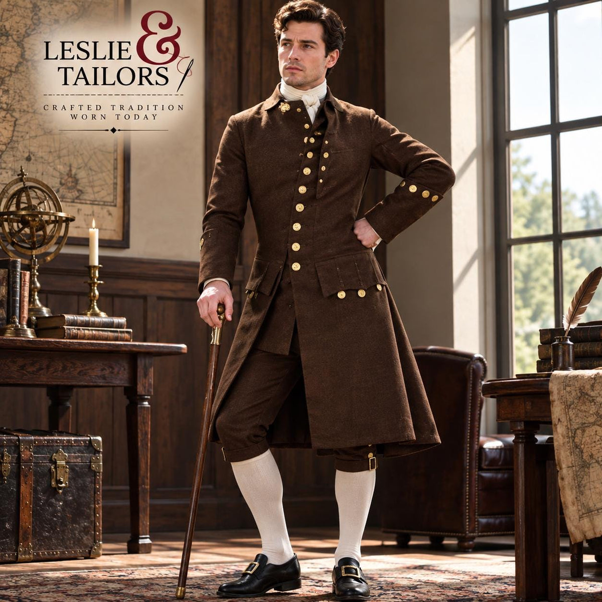 Men's 18th Century Military Frock Coat | Dark Brown Wool Gentleman Coat | Historical Jacket | Colonial Period Costume | Leslie and Tailors