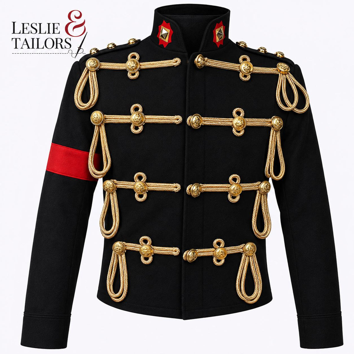 Men's Royal Military Black Wool Coat | Michael Jackson Inspired Gold Braid Jacket | Royal Band Uniform Coat | Leslie and Tailors