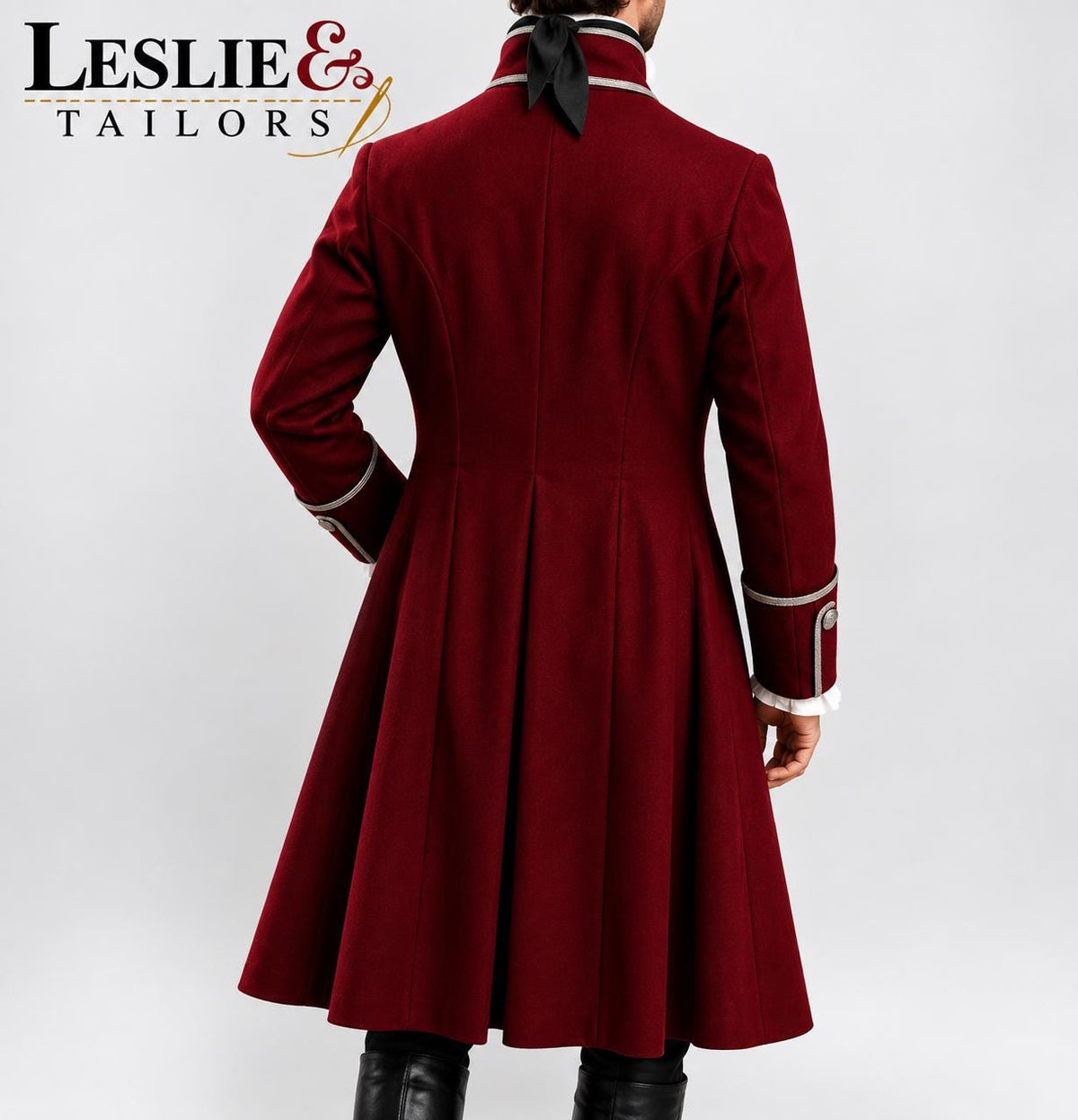 Men's Maroon Wool Pirate Captain Frock Coat | Handcrafted Historical Costume | 18th Century Pirate Jacket | Custom Made | Leslie and Tailors