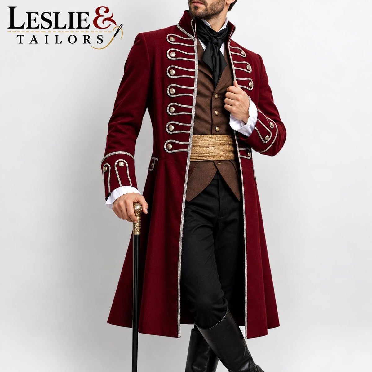 Men's Maroon Wool Pirate Captain Frock Coat | Handcrafted Historical Costume | 18th Century Pirate Jacket | Custom Made | Leslie and Tailors