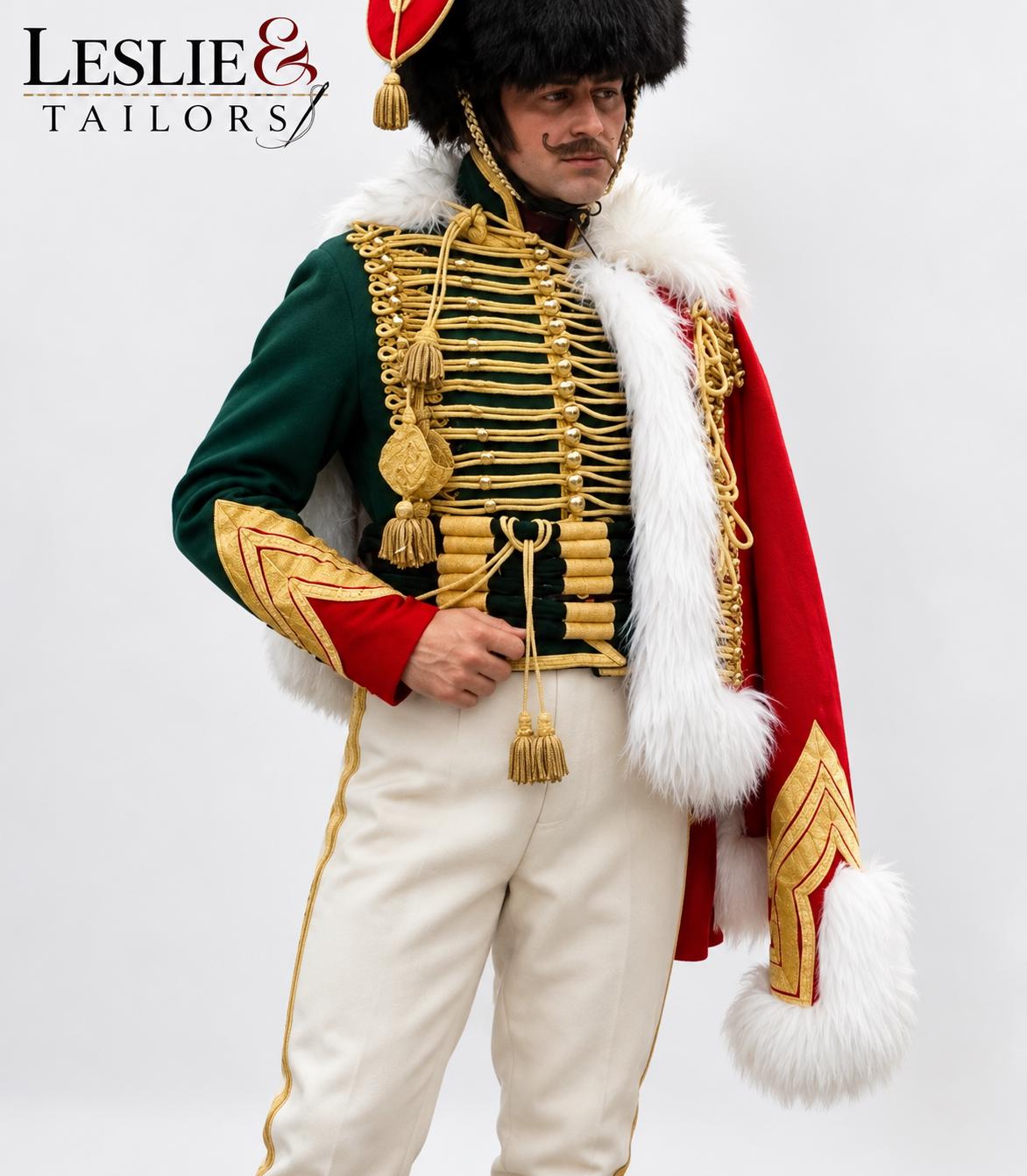 French Horse Hunter Officer Jacket | Napoleonic Green Wool Hussar Uniform | Men's Military Costume | Historical Jacket | Leslie and Tailors